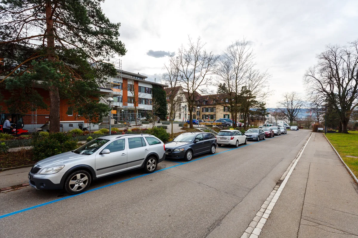 Parkierte Autos stehen entlang einer Strasse.